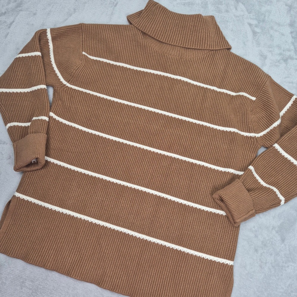 Varley Brown White Striped Ribbed Turtleneck Sweater Womens XS Side Slit Relaxed